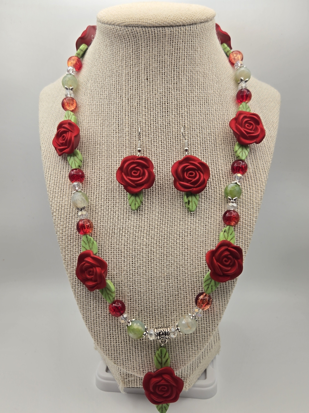 Red Rose Floral Necklace and Earring Set - Handcrafted Women’s Jewelry